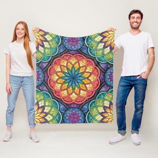 Strahlendes Regenbogen-Mandala-Mosaik – Buntglas Fleecedecke (Beispiel)