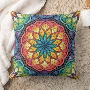 Strahlendes Regenbogen-Mandala-Mosaik – Buntglas Kissen