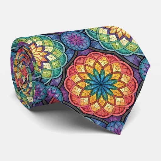Strahlendes Regenbogen-Mandala-Mosaik – Buntglas Krawatte (Gerollt)
