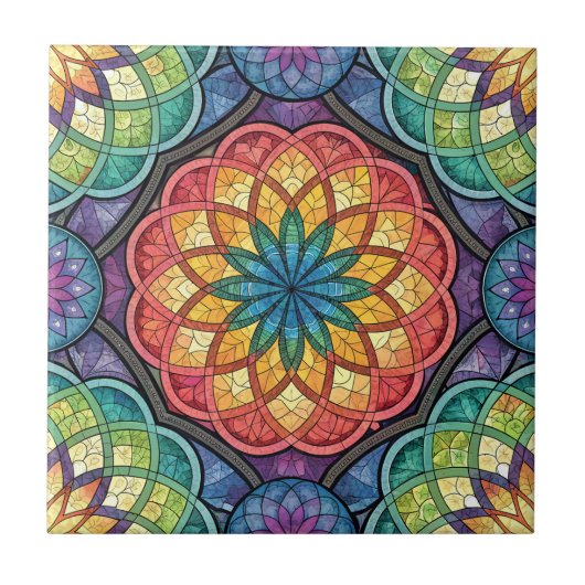 Strahlendes Regenbogen-Mandala-Mosaik – Glasmalere Fliese (Vorderseite)