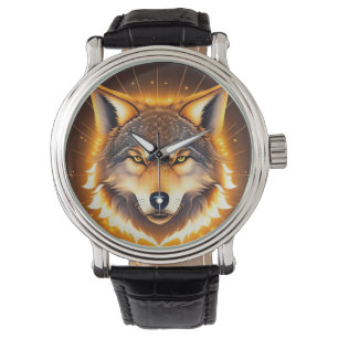 Strahlendes Wolfsgesicht, beleuchtet von goldenem  Armbanduhr