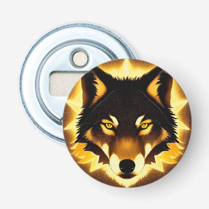 Strahlendes Wolfsgesicht, beleuchtet von goldenem Flaschenöffner