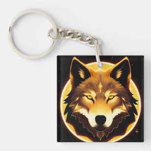 Strahlendes Wolfsgesicht, beleuchtet von goldenem  Schlüsselanhänger