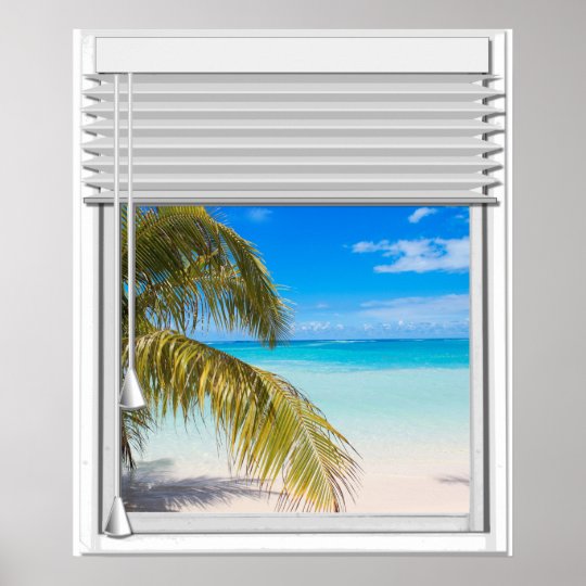 StrandAnsichtkünstliches Fenster mit Vorhängen Poster