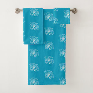 Strand Aqua Blue White Octopus Badhandtuch Set
