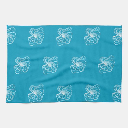 Strand Aqua Blue White Octopus Geschirrtuch (Horizontal)