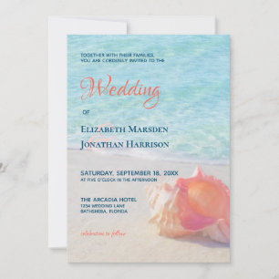 Strand Aquamarin & Coral Conch Muschel Hochzeit in Einladung