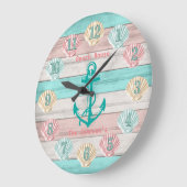Strand Aquamarin und Korallen Seashells & Anchor Große Wanduhr (Winkel)