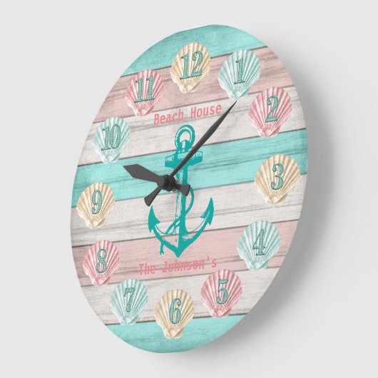 Strand Aquamarin und Korallen Seashells & Anchor Große Wanduhr (Winkel)