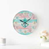 Strand Aquamarin und Korallen Seashells & Anchor Große Wanduhr (Zuhause)