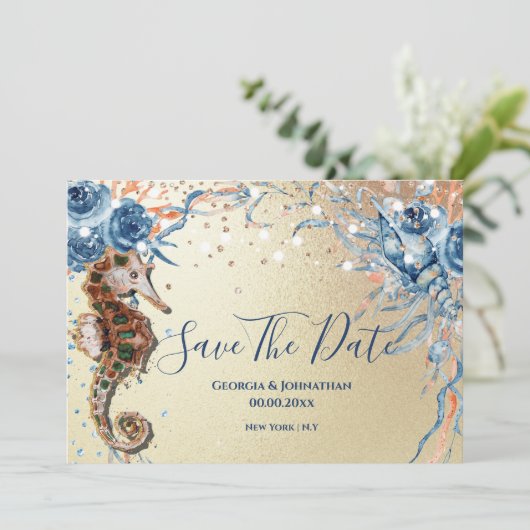 Strand Aquarell Muschel Insel Ozeanorange Save The Date (Stehend Vorderseite)