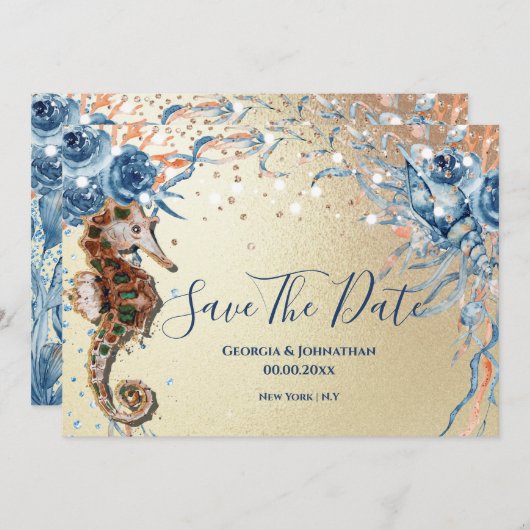 Strand Aquarell Muschel Insel Ozeanorange Save The Date (Vorne/Hinten)