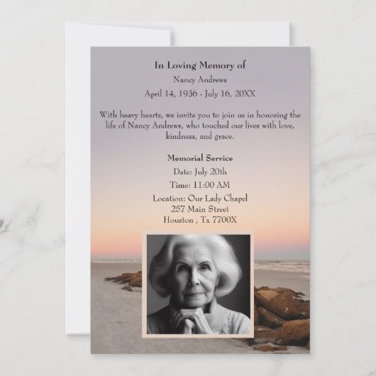 Strand bei Sonnenuntergang in Gedächtnisfeier Einladung (Vorderseite)