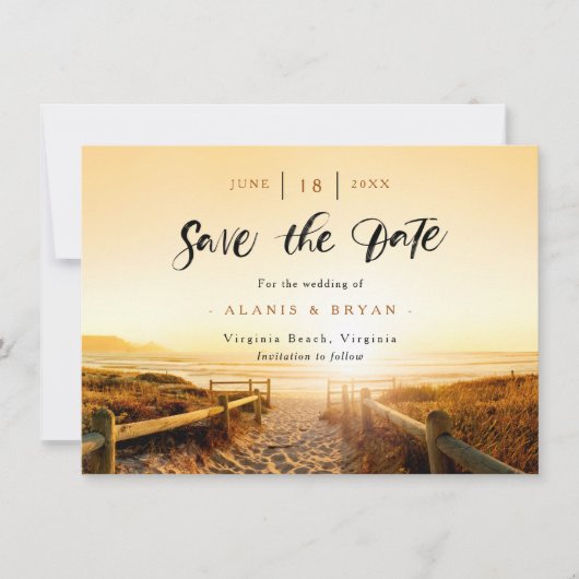 Strand bei Sunset Save the Date Card Einladung (Vorderseite)