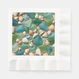 Strand Blaues und Grünes Meeresglas und Muscheln Serviette