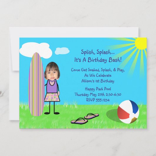 Strand-Brandungs-Foto-Karten-Mädchen Einladung (Vorderseite)