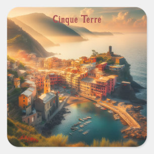 Strand Cinque Terre Italien Vintage Europa Reise Quadratischer Aufkleber