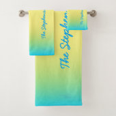 Strand Cool blau bis gelb glänzen mit blauem Text Badhandtuch Set (Insitu)