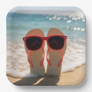 Strand Flip-Flops mit roter Sonnenbrille Pappteller