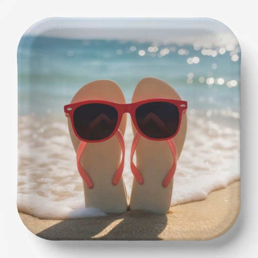 Strand Flip-Flops mit roter Sonnenbrille Pappteller (Vorderseite)