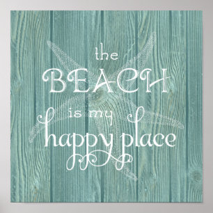 Strand Glücklicher Ort Seestern Aqua Holzplakat Poster