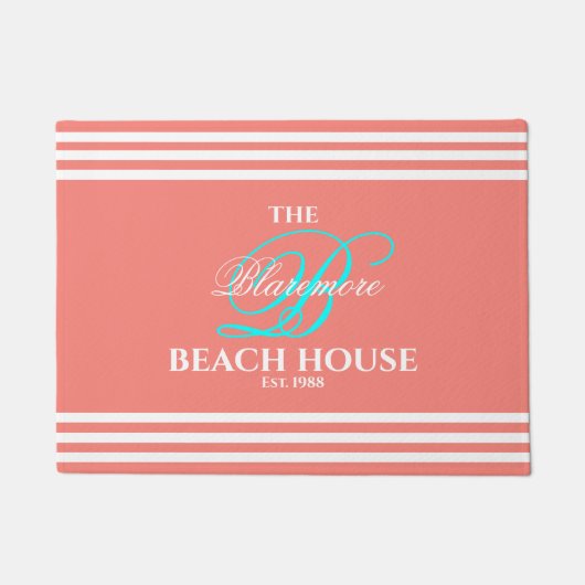 Strand-Haus-korallenrotes Weiß Stripes Fußmatte (Vorderseite)