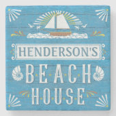 Strand-Haus-Küstenseesegelboot-individueller Name Steinuntersetzer (Vorderseite)