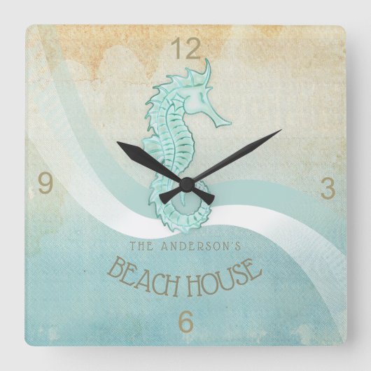 Strand-Haus-Seepferd-Aqua blaues ID623 Quadratische Wanduhr (Vorderseite)