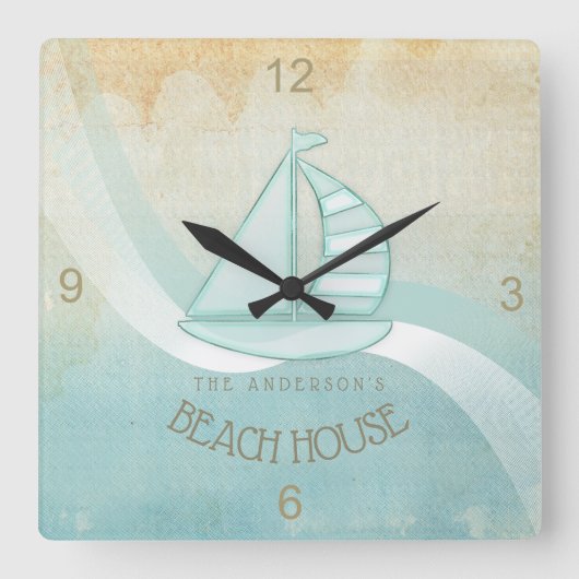 Strand-Haus-SeeSegelboot-Aqua blaues ID623 Quadratische Wanduhr (Vorderseite)