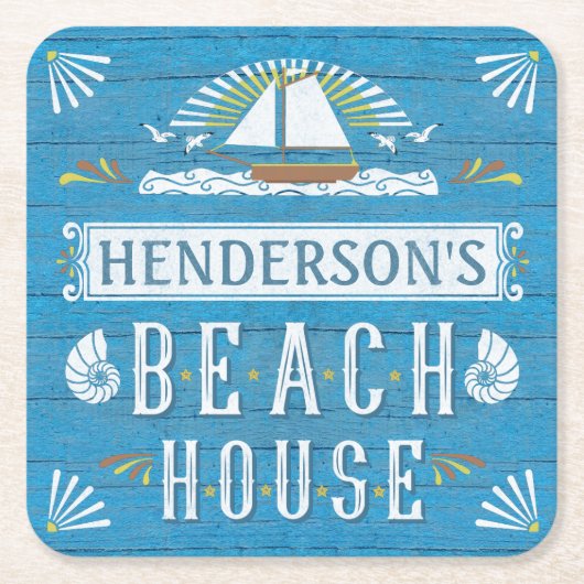 Strand-Haus-SeeSegelbootSeashells Ihr Name Rechteckiger Pappuntersetzer (Vorderseite)