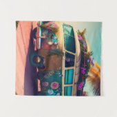 Strand, Hippie Van, Trippy Blume, Boho, farbenfroh Wandteppich (Vorderseite (Horizontal))