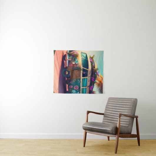 Strand, Hippie Van, Trippy Blume, Boho, farbenfroh Wandteppich (Beispiel (Horizontal))