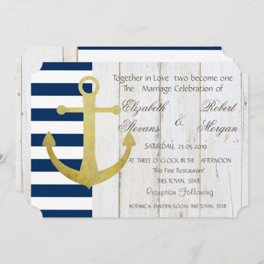 Strand Hochzeit Gold Anker, Streifen, Holzeinladun Einladung (Vorne/Hinten)