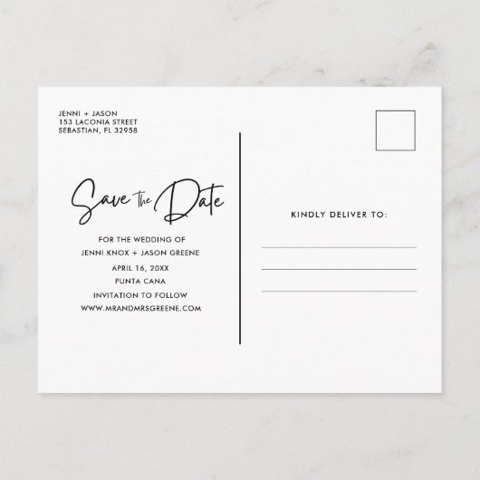 Strand Hochzeit in Urlaubsort Save the Date Announ Ankündigungspostkarte (Rückseite)