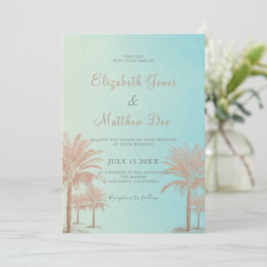 Strand Hochzeit Seaside/Ocean Palm Trees Wedding Einladung (Stehend Vorderseite)