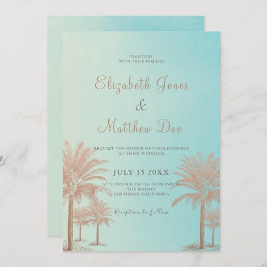 Strand Hochzeit Seaside/Ocean Palm Trees Wedding Einladung (Vorne/Hinten)