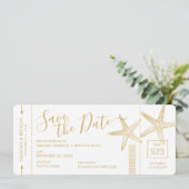 Strand-Hochzeit-Seestern-Boardingpass Save The Date (Stehend Vorderseite)