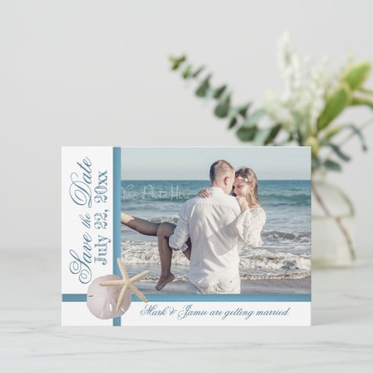 Strand Hochzeit Starfish Sand Dollar Save the Date Einladung (Stehend Vorderseite)