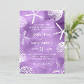 Strand Hochzeit Starfish Seashell Lila Wasserfarbe Einladung (Stehend Vorderseite)