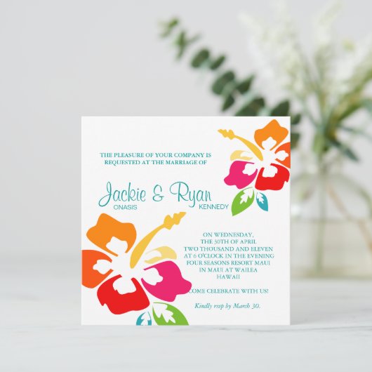 Strand-Hochzeits-Einladungs-Hibiskus-Blume bunt Einladung (Stehend Vorderseite)