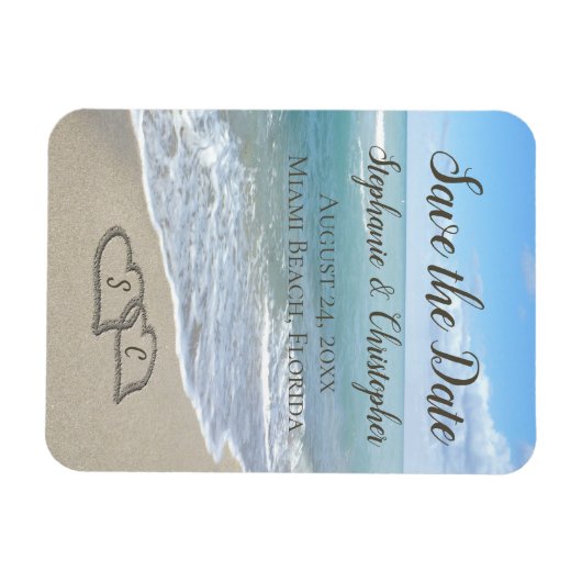 Strand-Hochzeits-Monogramm-Herzen im Sand Magnet (Horizontal)