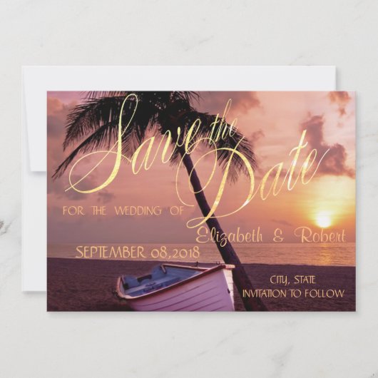 Strand Hochzeitspalme, Sonnenuntergang, Boot Save Save The Date (Vorderseite)