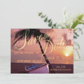 Strand Hochzeitspalme, Sonnenuntergang, Boot Save  The Date (Stehend Vorderseite)
