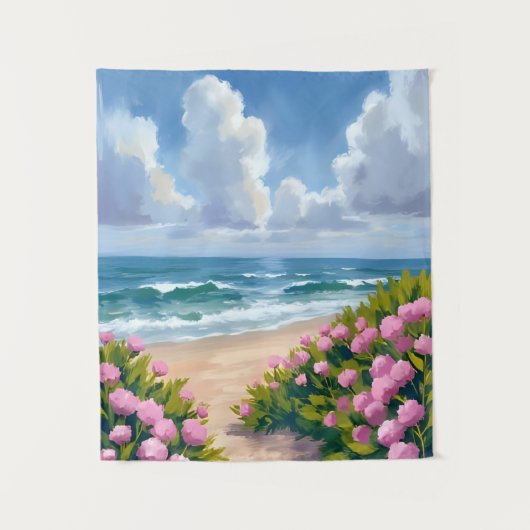 Strand in Blüte | Rosa Hortensie Oceanside Küste Wandteppich (Vorderseite)
