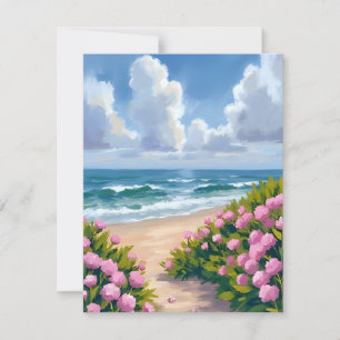 Strand in Blüte   Rosa Hortensien am Ozean Küste Dankeskarte