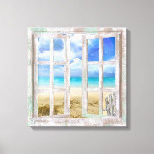 Strand in der KüstenHütte des offenen Fensters Leinwanddruck
