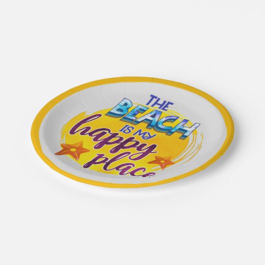 Strand ist glücklich Ort Zitat helle sonnige Gelb Pappteller (Schrägansicht)