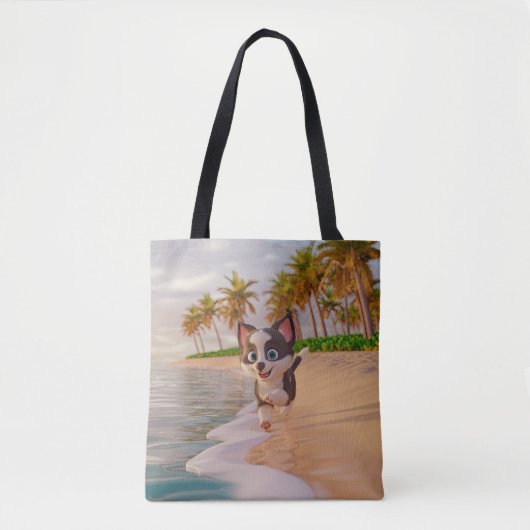 Strand, Kokospalmen, Hund Cartoon Tasche (Vorderseite)