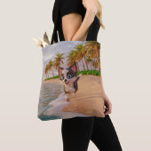 Strand, Kokospalmen, Hund Cartoon Tasche (Von Nahem)