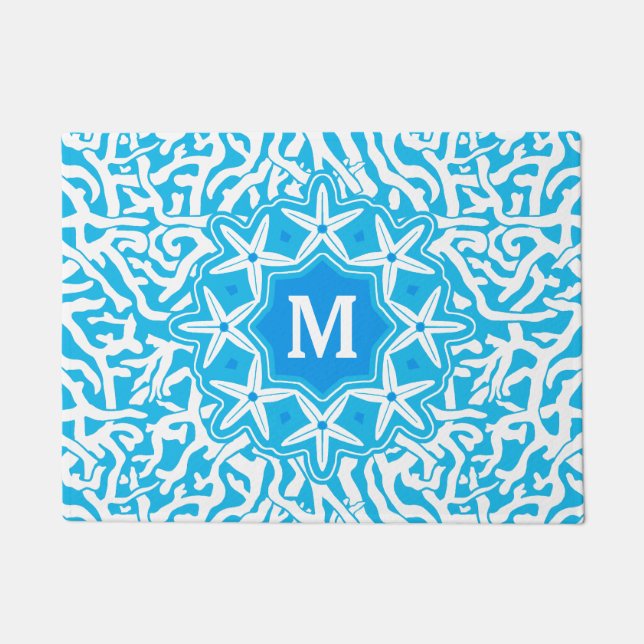 Strand-Korallenriffstarfish-Monogramm im Seeblau Fußmatte (Vorderseite)